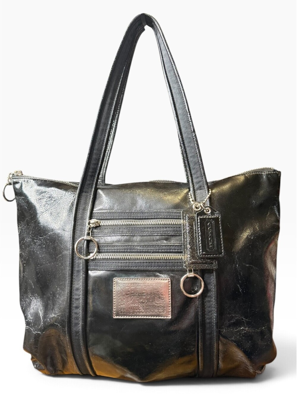 Coach Poppy Glam Tote 13836 Black Patent Leather Aqua Lining Y2K 2 Hangtags